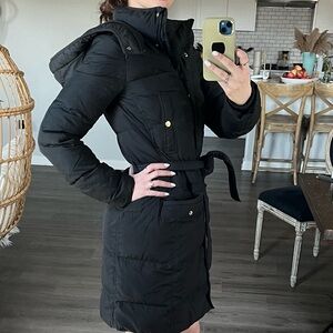 JCrew Black Down Puffer Coat with belt and detachable hood XS